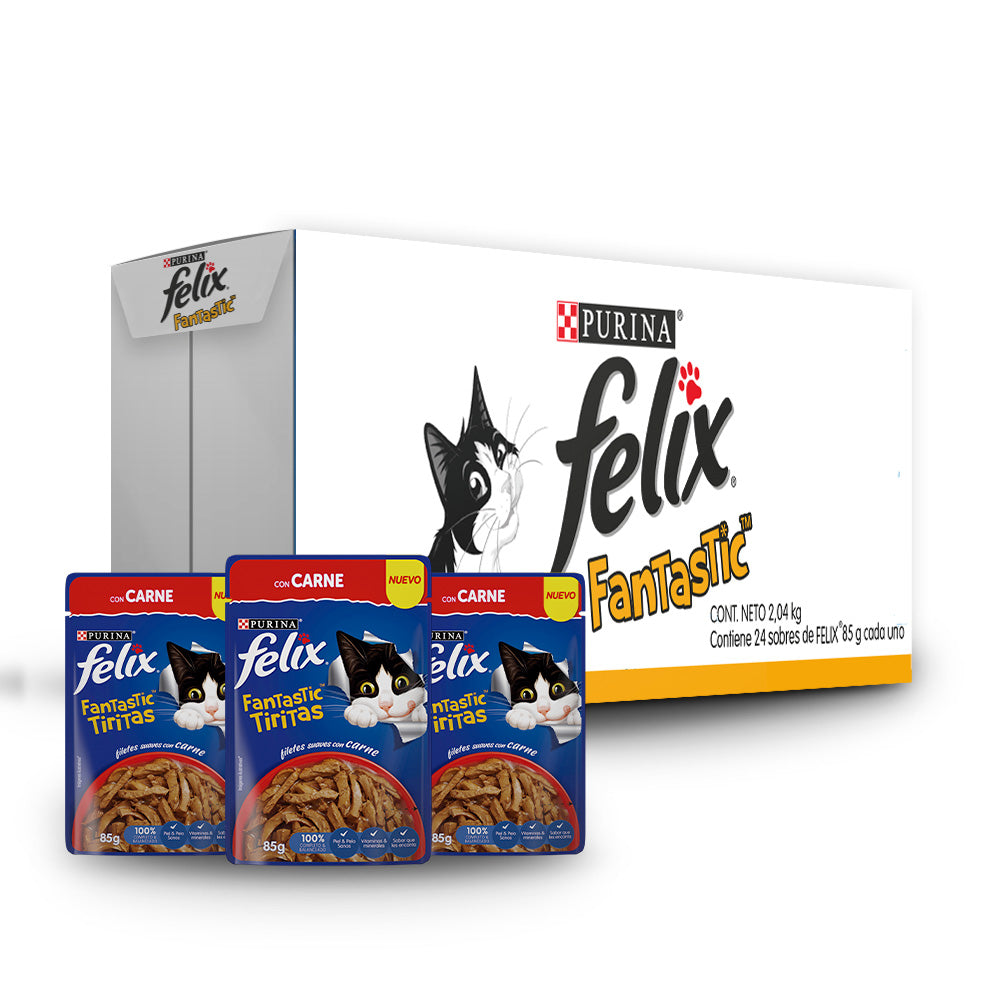 Felix, Fantastic, Alimento Húmedo para Gato, Tirita con Carne, SE VENDE EN PAQUETE DE 24 PIEZAS