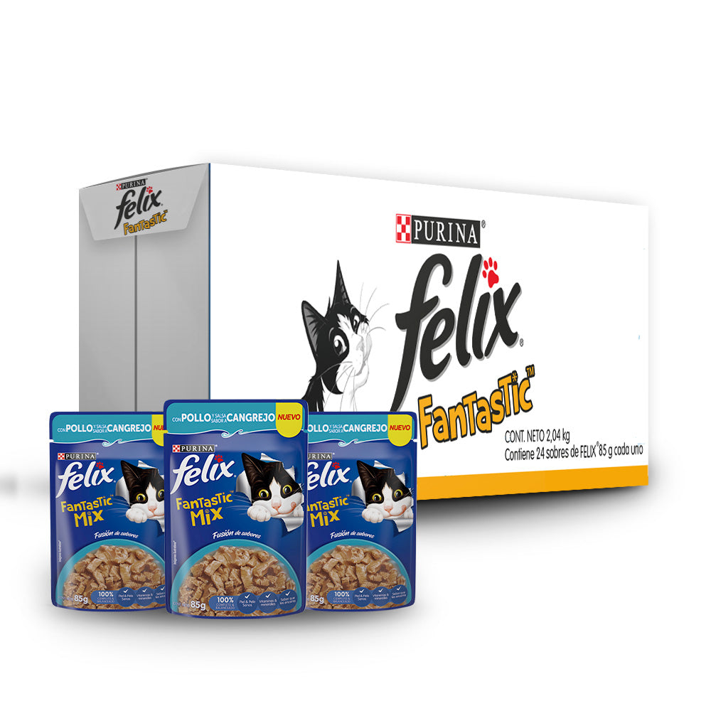 Felix Fantastic, Alimento Húmedo para Gato, Mix Pollo y Sabor Cangrejo, SE VENDE EN PAQUETE DE 24 PIEZAS