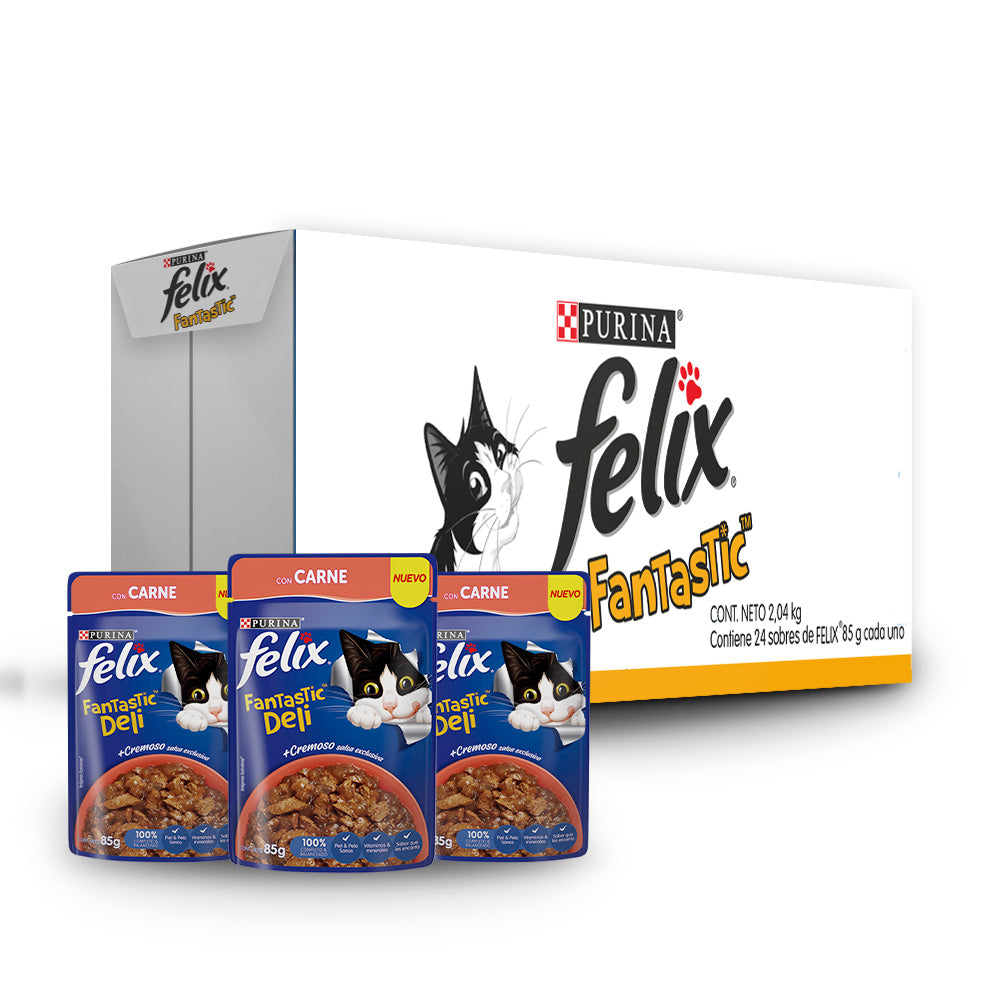 Felix Fantastic, Alimento Húmedo para Gato en Pouch, Deli con Carne, SE VENDE EN PAQUETE DE 24 PIEZAS