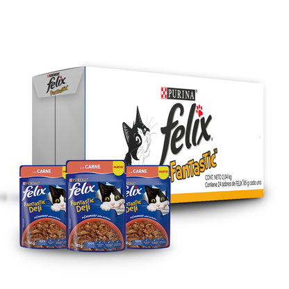 Felix Fantastic, Alimento Húmedo para Gato en Pouch, Deli con Carne, SE VENDE EN PAQUETE DE 24 PIEZAS