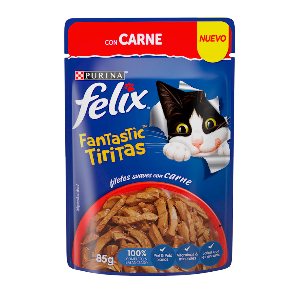 Felix, Fantastic, Alimento Húmedo para Gato, Tirita con Carne, SE VENDE EN PAQUETE DE 24 PIEZAS