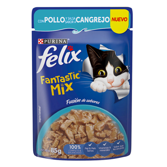 Felix Fantastic, Alimento Húmedo para Gato, Mix Pollo y Sabor Cangrejo, SE VENDE EN PAQUETE DE 24 PIEZAS