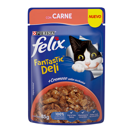 Felix Fantastic, Alimento Húmedo para Gato en Pouch, Deli con Carne, SE VENDE EN PAQUETE DE 24 PIEZAS