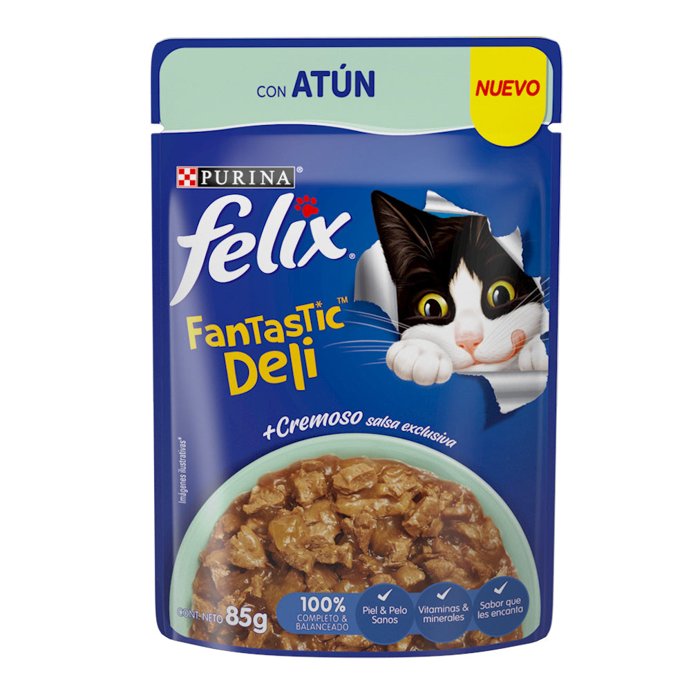 Felix Fantastic, Alimento Húmedo para Gato Pouche, Deli con Atún, SE VENDE EN PAQUETE DE 24 PIEZAS