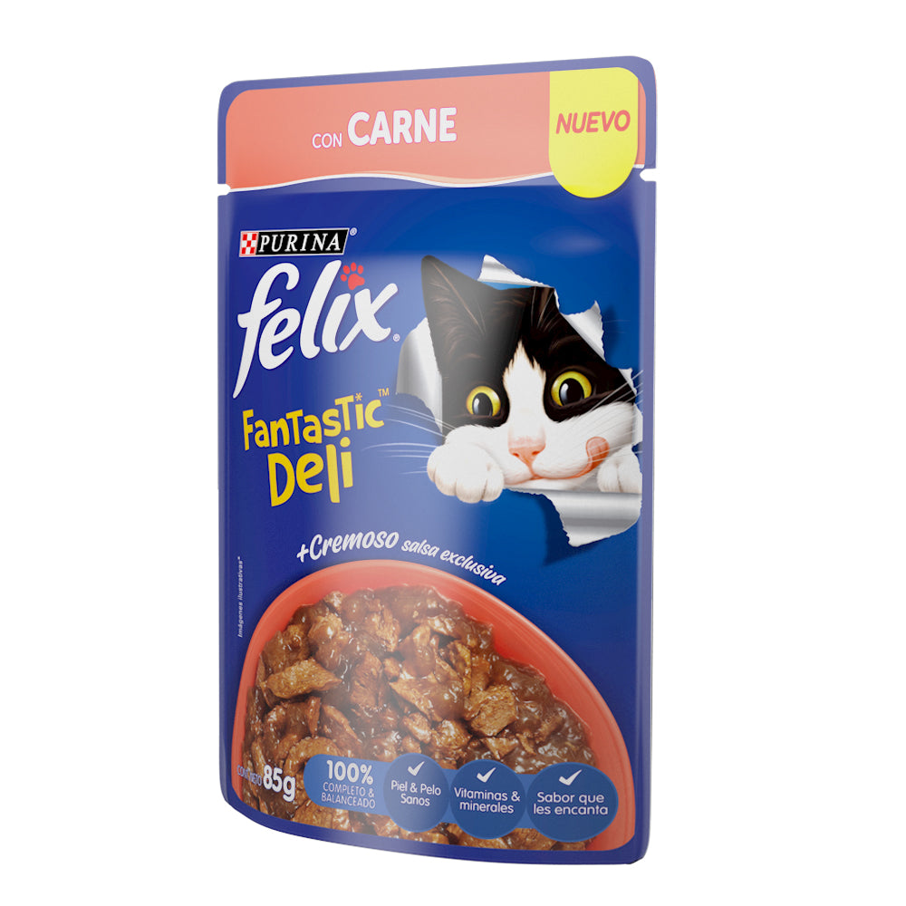 Felix Fantastic, Alimento Húmedo para Gato en Pouch, Deli con Carne, SE VENDE EN PAQUETE DE 24 PIEZAS