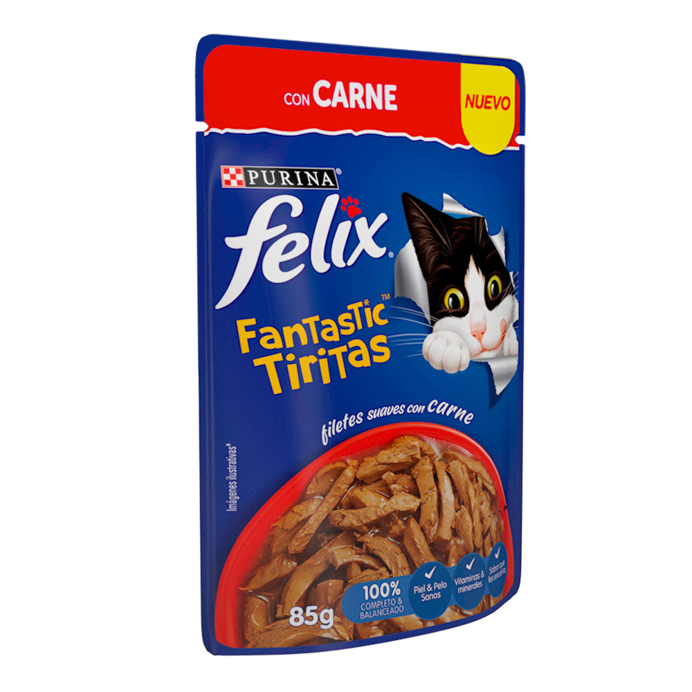 Felix, Fantastic, Alimento Húmedo para Gato, Tirita con Carne, SE VENDE EN PAQUETE DE 24 PIEZAS