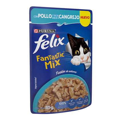 Felix Fantastic, Alimento Húmedo para Gato, Mix Pollo y Sabor Cangrejo, SE VENDE EN PAQUETE DE 24 PIEZAS