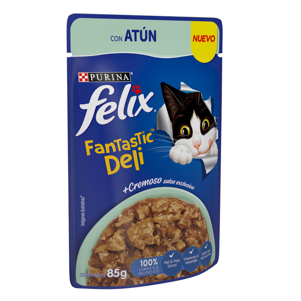 Felix Fantastic, Alimento Húmedo para Gato Pouche, Deli con Atún, SE VENDE EN PAQUETE DE 24 PIEZAS